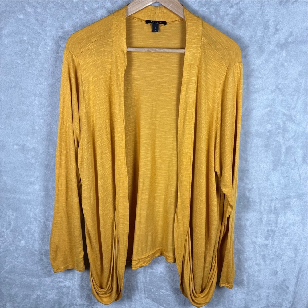 Torrid Mustard Yellow Slub Knit Open Front Draped Cardigan Sweater Womens Size 2